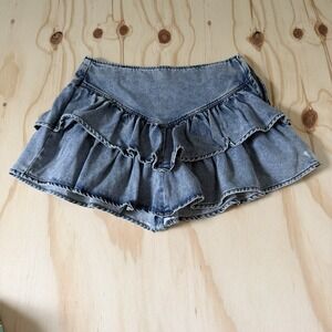 Tgla Women's Blue Solid Denim Ruffle Mini Skirt Regular Size M
